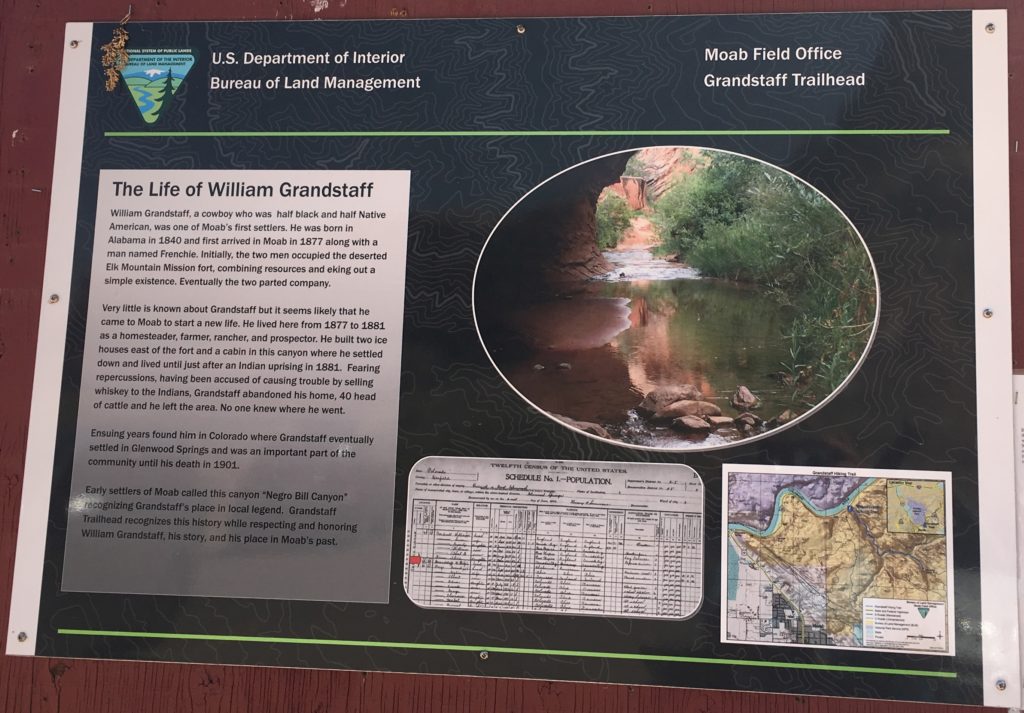 Grandstaff trailhead sign with photo, interpretive text, and map.
