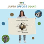 Super Species Squad illustration showing a long-haired person holding a banner that has a Gunnison sage-grouse on it.