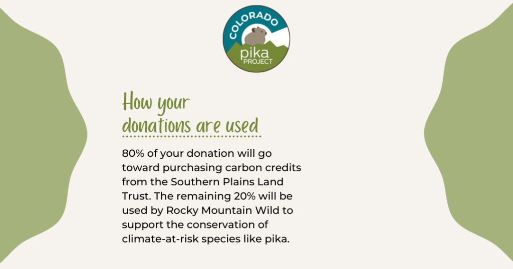 InfograInfographic that says "How your donations are used. 80% of your donation will go toward purchasing carbon credits from the Southern Plains Land Trust. The remaining 20% will be used by Rocky Mountain Wild to support the conservation of climate-at-risk species like pika."