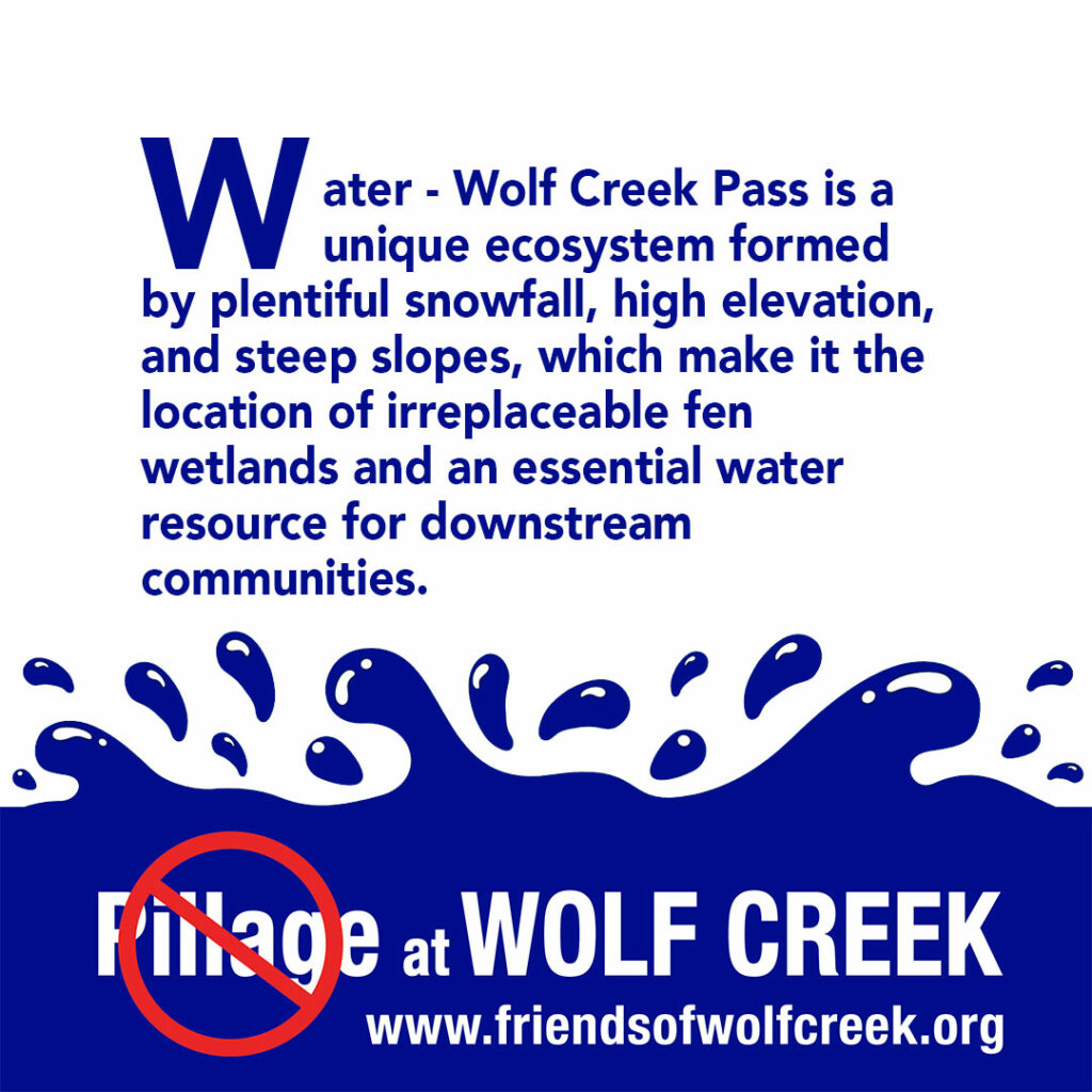 An issue card that says "Water – Wolf Creek Pass is a unique ecosystem formed by plentiful snowfall, high elevation, and steep slopes, which make it the location of irreplaceable fen wetlands and an essential water resource for downstream communities."