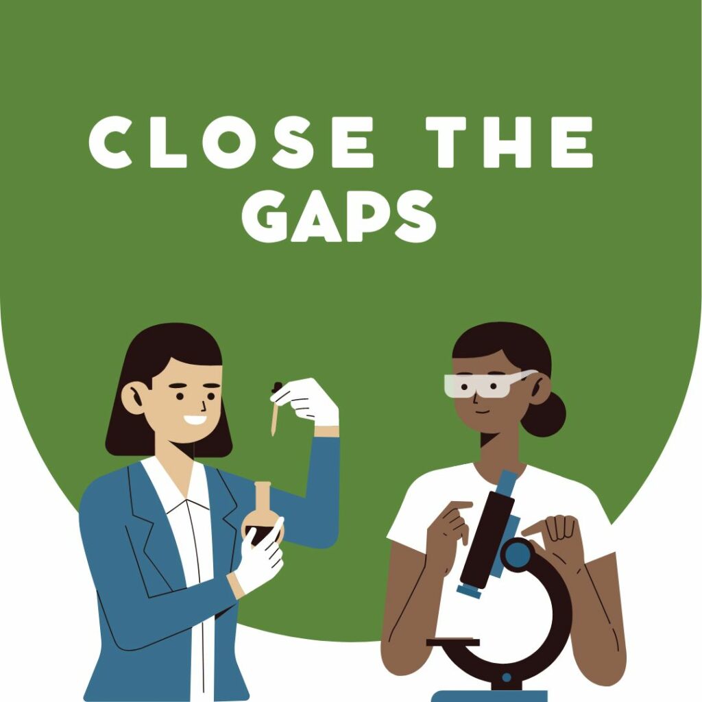 An illustration of two scientists, one holding a beaker and the other by a microscope. Text says "Close the GAPS"