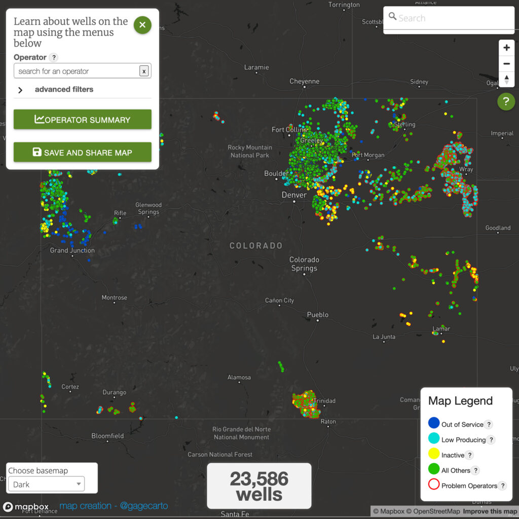 A screenshot of the interactive map showing 23,586 wells. The directions at the top says "Learn about wells on the map using the menus below."